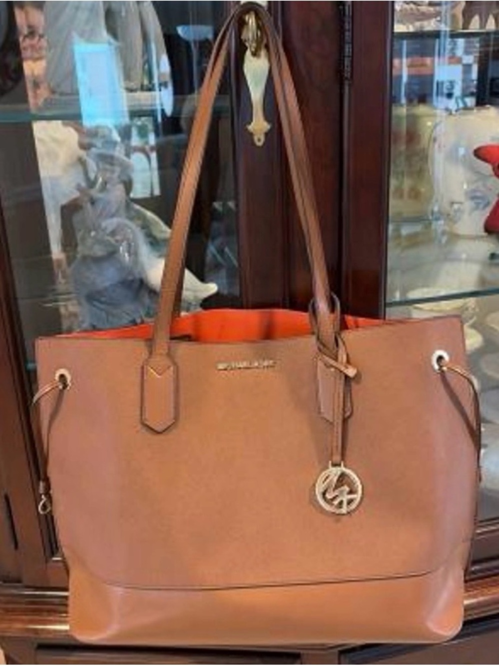 Michael Kors Brown and Tan Leather Tote with Red Lining